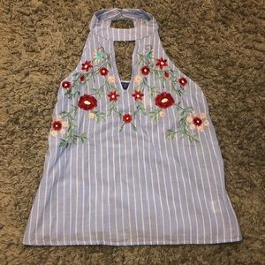 Francescas Floral and Striped Keyhole Top